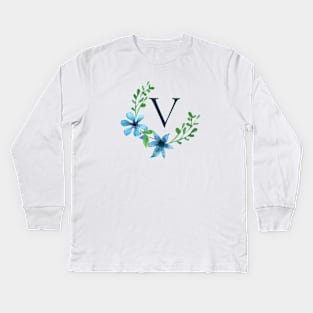 Floral Monogram V Pretty Blue Flowers Kids Long Sleeve T-Shirt